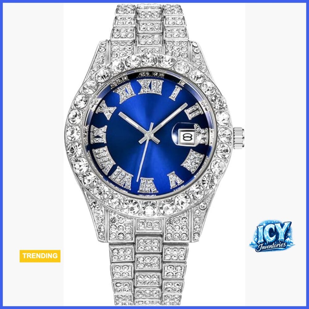 Stainless Steel Quartz Analog Watch with Crystal Rhinestones Roman Numerals